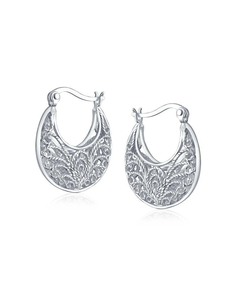 Bling Jewelry Boho Bohemian Bali Floral Open Wire Medium 3D Scroll Filigree Hoop Earrings Sterling Silver .75 Inch Diameter
