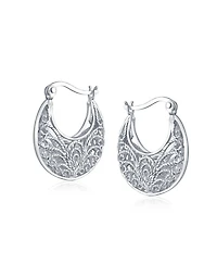 Bling Jewelry Boho Bohemian Bali Floral Open Wire Medium 3D Scroll Filigree Hoop Earrings Sterling Silver .75 Inch Diameter