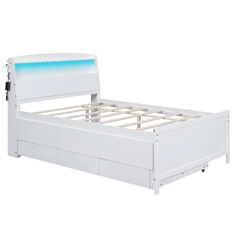 Full Size Platform Bed With Storage Led Headboard, Twin Size Trundle And 3 Drawers