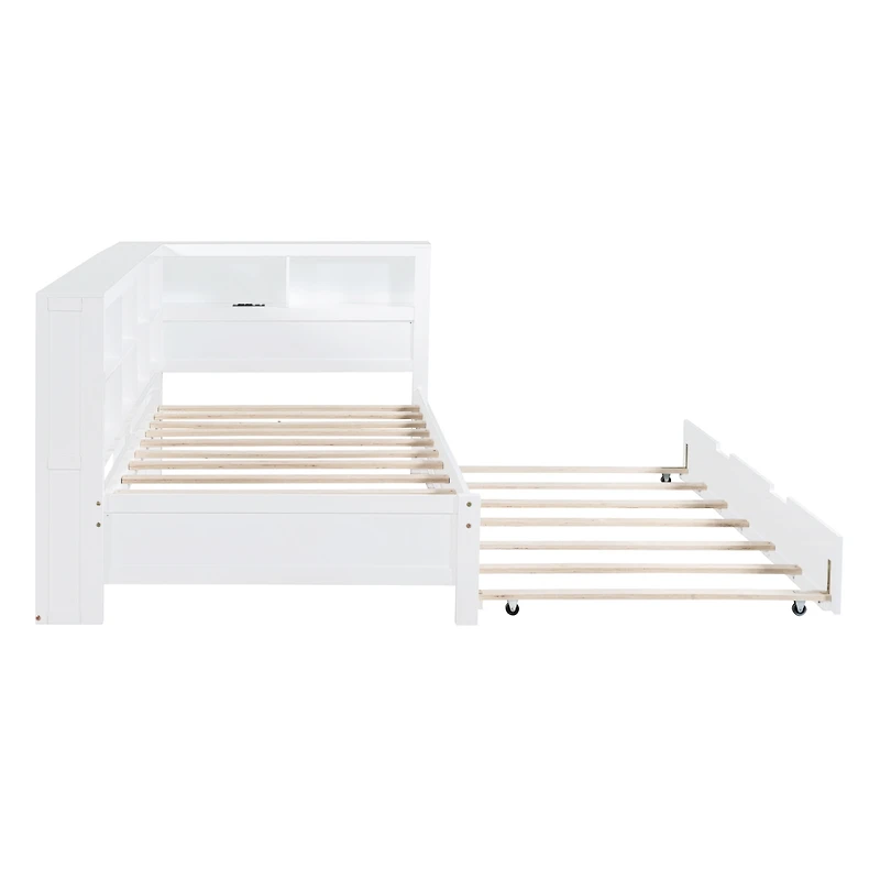 Simplie Fun Wooden Twin Size Daybed With Twin Trundle, Daybed With Storage Shelf And Usb Charging Ports