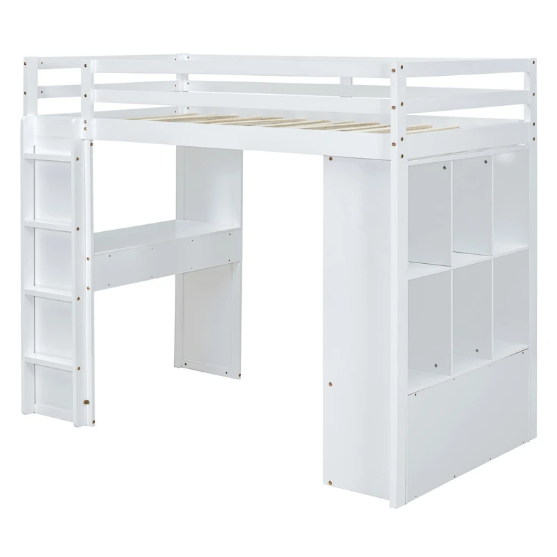 Simplie Fun Full Size Loft Bed With Large Shelves, Writing Desk And Led Light, White