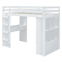 Simplie Fun Full Size Loft Bed With Large Shelves, Writing Desk And Led Light, White
