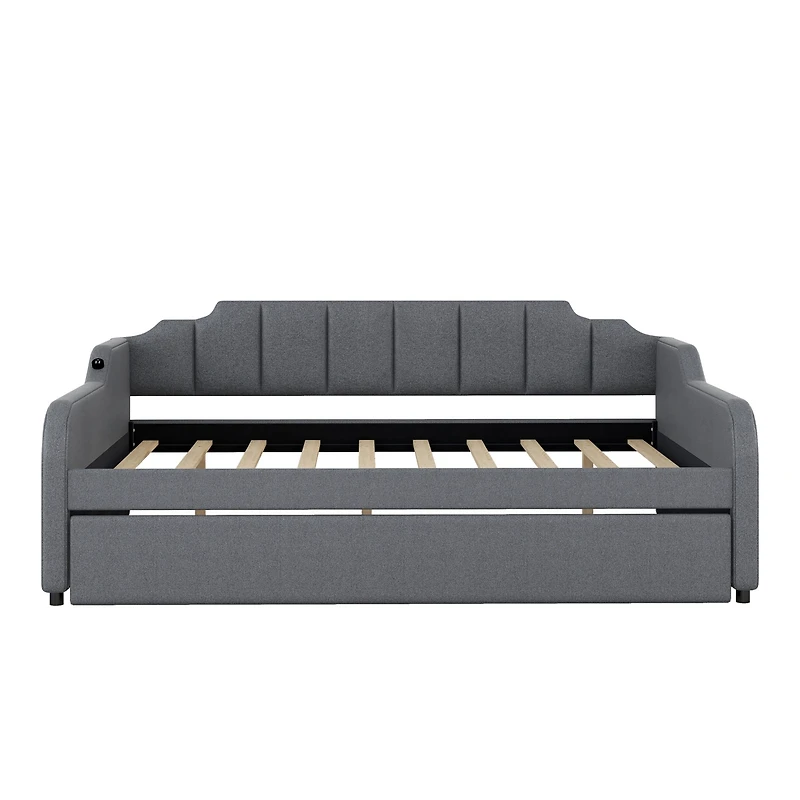 Simplie Fun Full Size Upholstery Daybed With Trundle And Usb Charging Design, Trundle