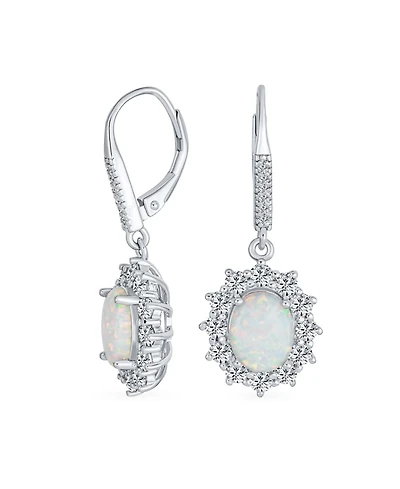 Bling Jewelry Cubic Zirconia Accent Pave Halo Cz Solitaire Oval White Synthetic Opal Drop Earrings Lever back Sterling Silver