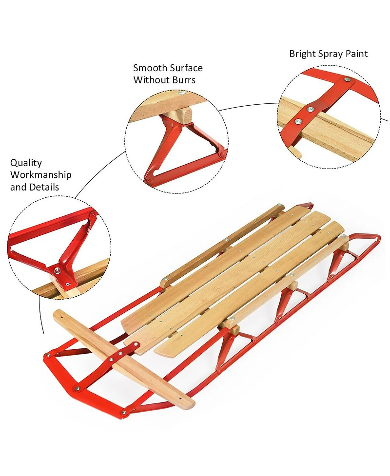 Givimo 54 Inch Kids Wooden Snow Sled with Metal Runners and Steering Bar