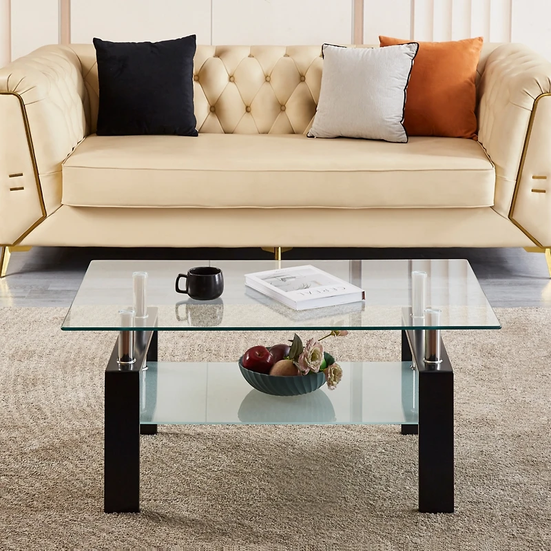 Simplie Fun Tempered Clear Glass Coffee Table, 2-Layers Coffee Table Living Room Center Table