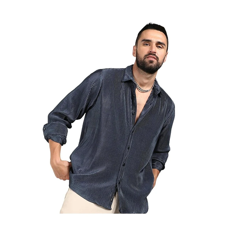 Men's Navy Blue Pleat-Creased Shirt
