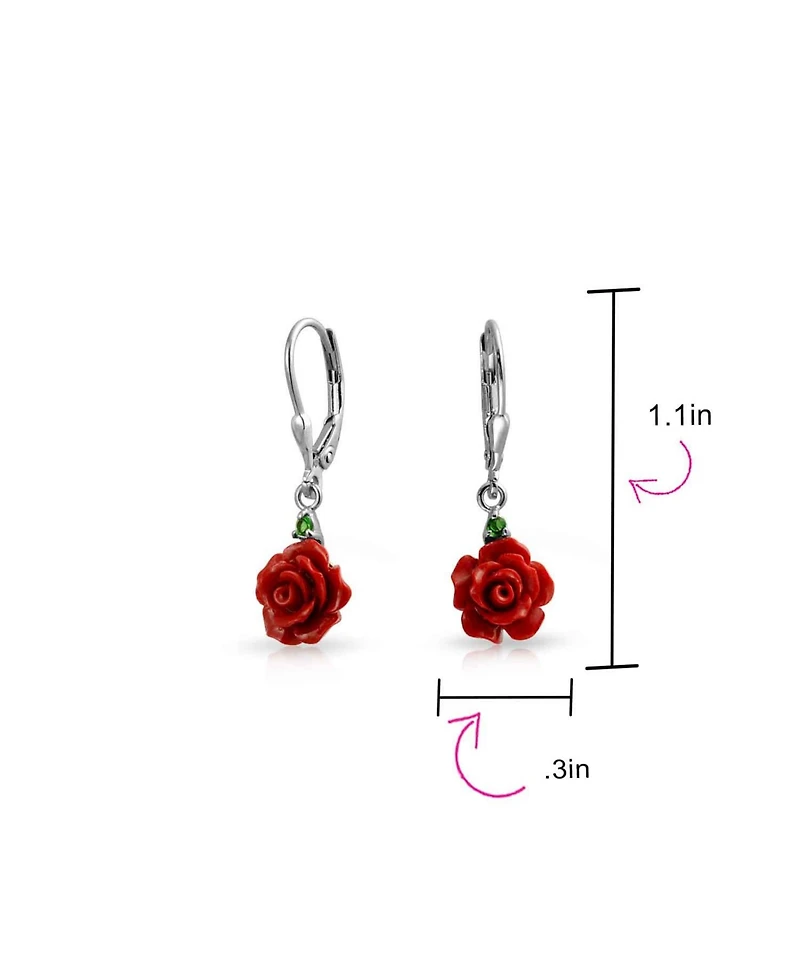 Bling Jewelry Delicate Floral Blooming 3D Red Rose Flower Green Cz Accent Lever back Dangle Earrings Sterling Silver