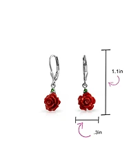 Bling Jewelry Delicate Floral Blooming 3D Red Rose Flower Green Cz Accent Lever back Dangle Earrings Sterling Silver