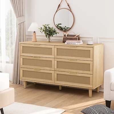 Simplie Fun Modern Rattan Dresser with 6 Drawers and Ample Storage Space
