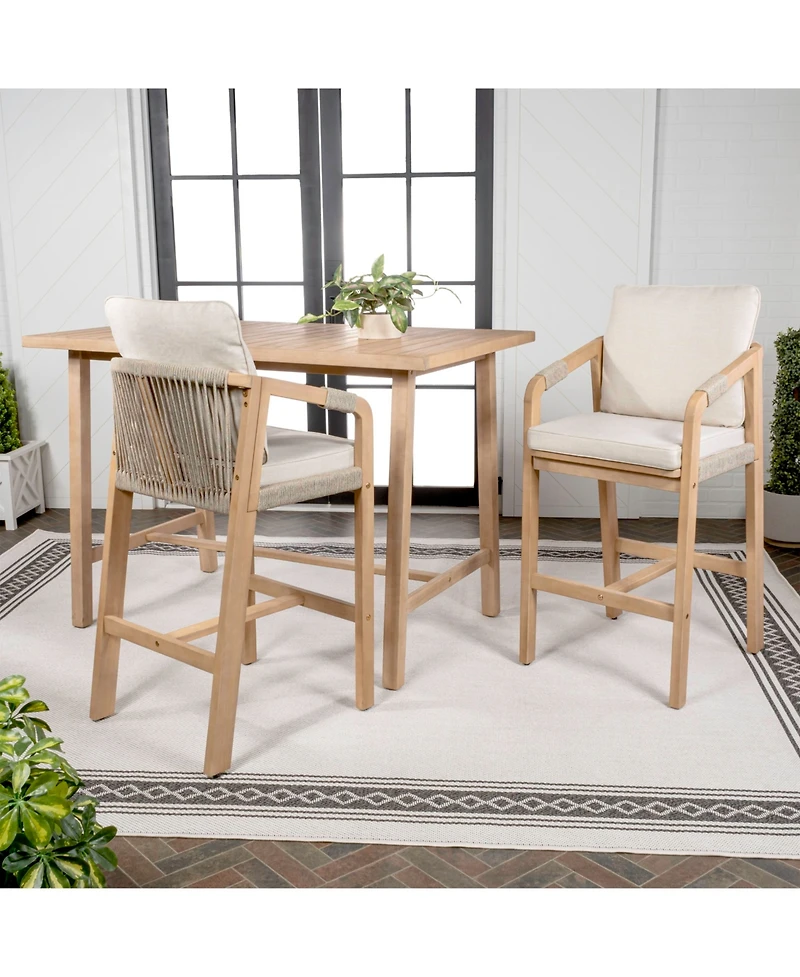 Porto Modern Coastal 3-Piece Acacia Wood Outdoor Square Bar Table Set with Cushions