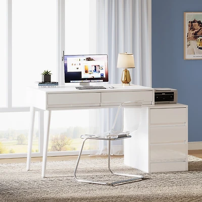 Tribesigns White Desk with 5 Drawers, Modern Home Office Desk with Storage Drawers and Printer Stand, Reversible Computer Desk Vanity Desk for Bedroom