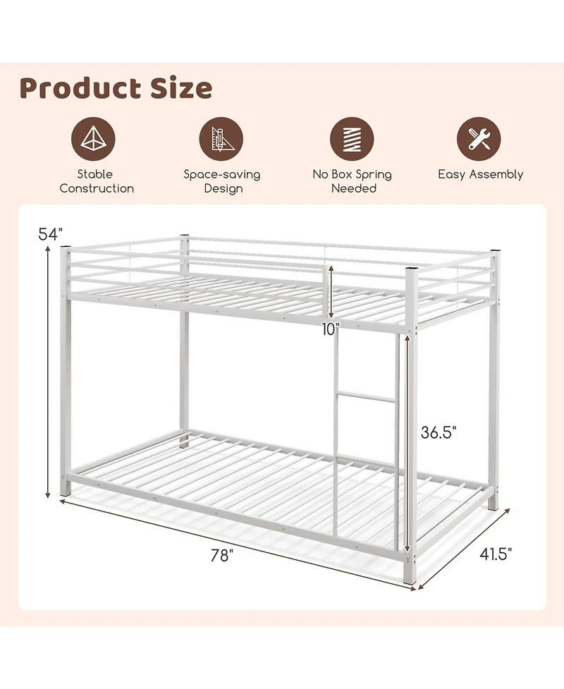 Sugift Low Profile Twin Over Metal Bunk Bed with Full-length Guardrails