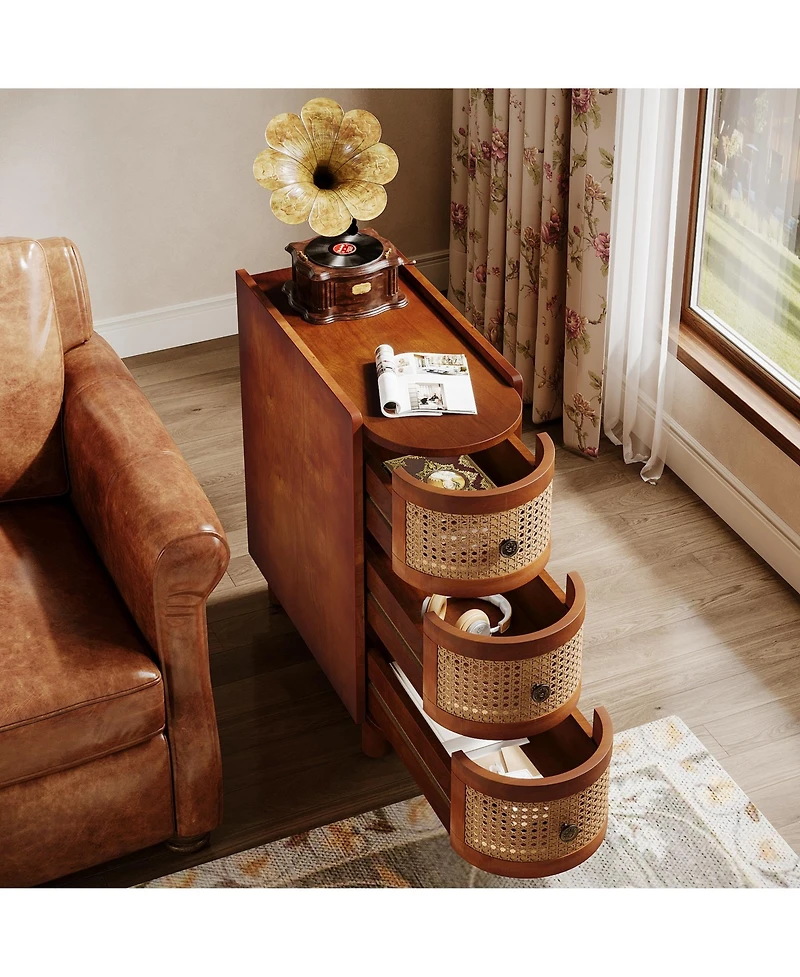 Tribesigns 3-Drawer Rattan End Table, Solid Wood Sofa Side Table, Slim Nightstand, Finished Back, No Assembly, Walnut & Oak
