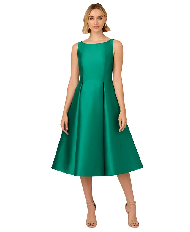 adrianna papell boat-neck a-line dress Adrianna Papell Boat Neck Sleeveless A-Line Taffeta Midi Dress