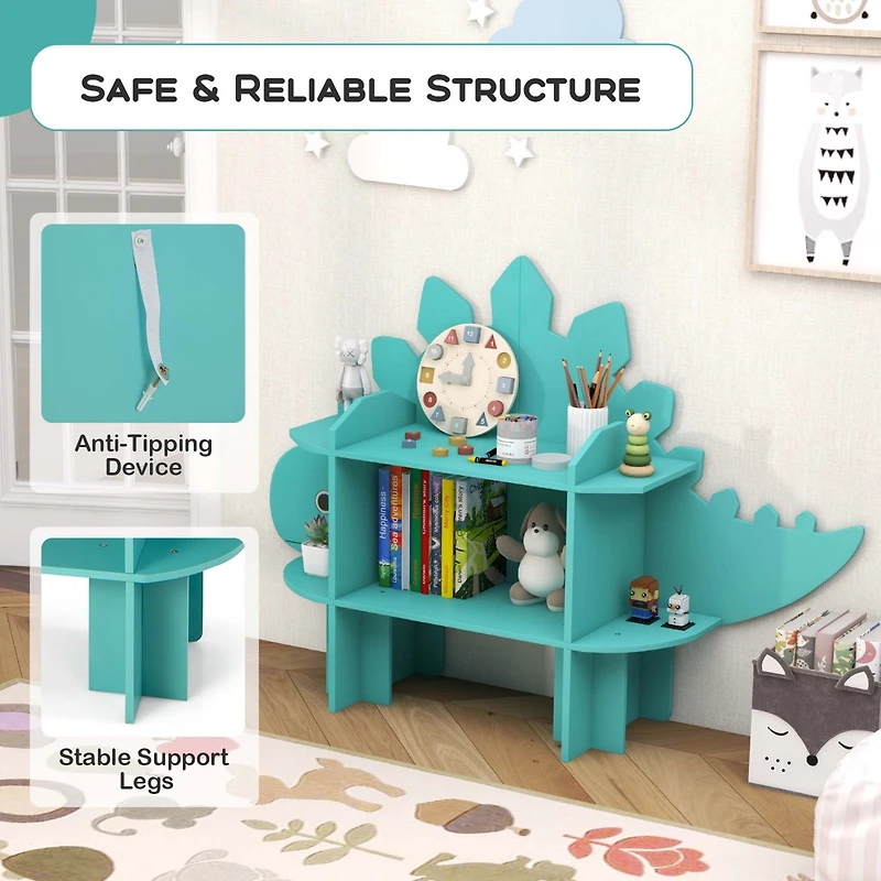 Dinosaur Bookcase for Kids 2-Tier Toy Storage Organizer with Open Storage Shelves