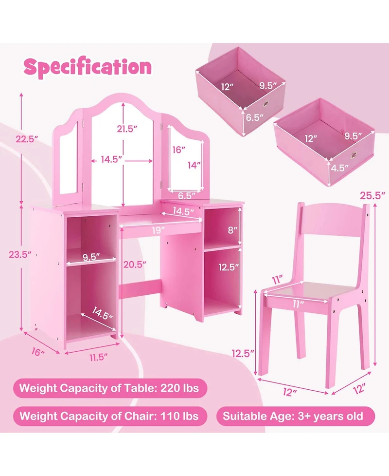 Costway Kids Vanity Table & Chair Set 2-in-1 Princess Pretend Play Makeup