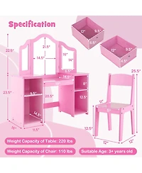 Costway Kids Vanity Table & Chair Set 2-in-1 Princess Pretend Play Makeup