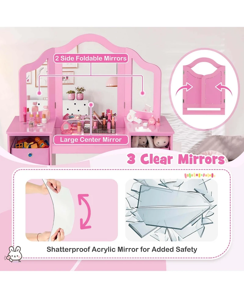 Costway Kids Vanity Table & Chair Set 2-in-1 Princess Pretend Play Makeup