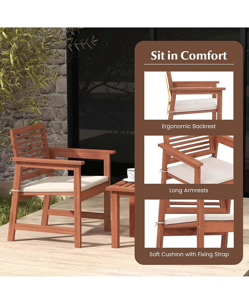 Costway 3 Pcs Patio Furniture Set with 2 Seat Cushions Coffee Table Solid Wood Chairs