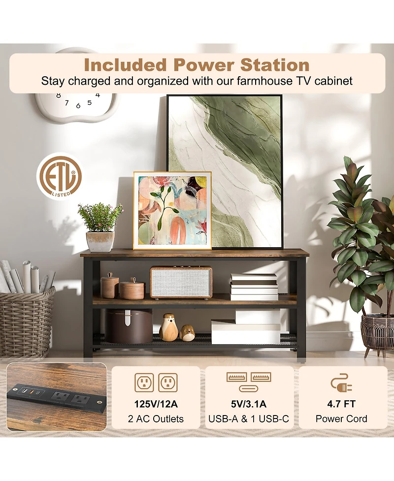 Gymax 3-tier Tv Stand for TVs up to 50 Inches w/ Power Outlets Usb Ports Shelves
