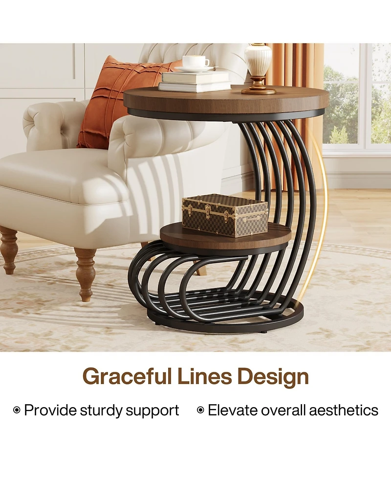 Tribesigns Round End Side Table Set of 2， 2 Tiers Table, Vintage for Living Room, Small Bedside Accent with Arc-Shap