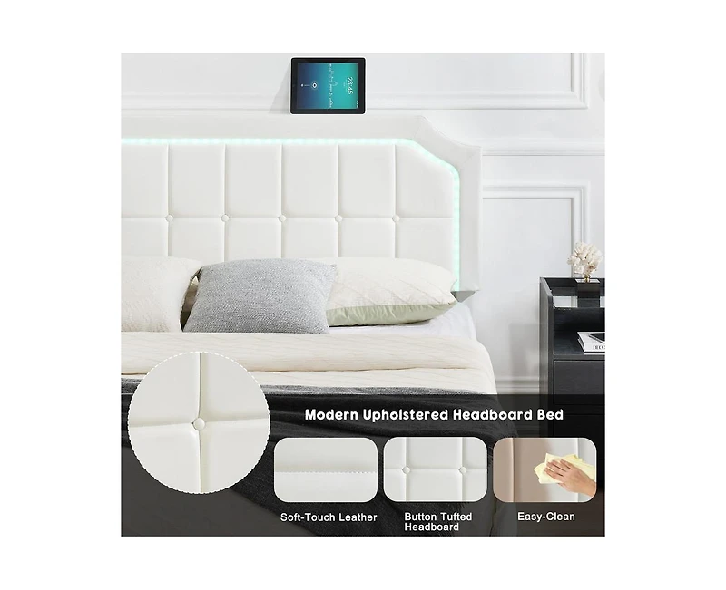 gaomon Floating Bed Frame King Size with Rgb Led Lights, Upholstered Platform King Bed with Adjustable Headboard, Button Tafted Headboard No Box Sprin