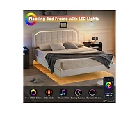 gaomon Floating Bed Frame King Size with Rgb Led Lights, Upholstered Platform King Bed with Adjustable Headboard, Button Tafted Headboard No Box Sprin