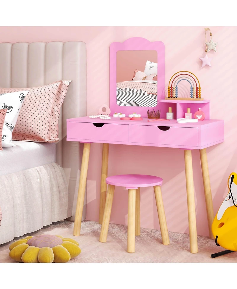 Costway Kid Vanity Table Chair Set with Mirror Large Storage Drawers Wooden Legs