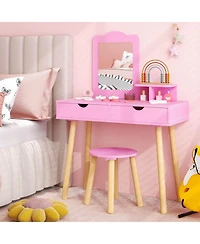 Costway Kid Vanity Table Chair Set with Mirror Large Storage Drawers Wooden Legs