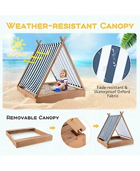 Wooden Sandbox with Canopy Tent Design Fir Wood Frame 2 Bench Seats Bottom