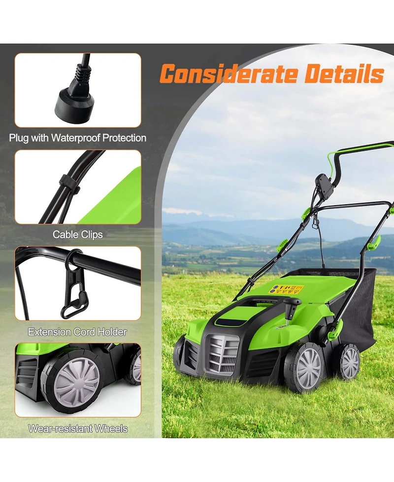 Costway 16-Inch Electric Dethatcher & Scarifier 15A 2-In-1 Lawn