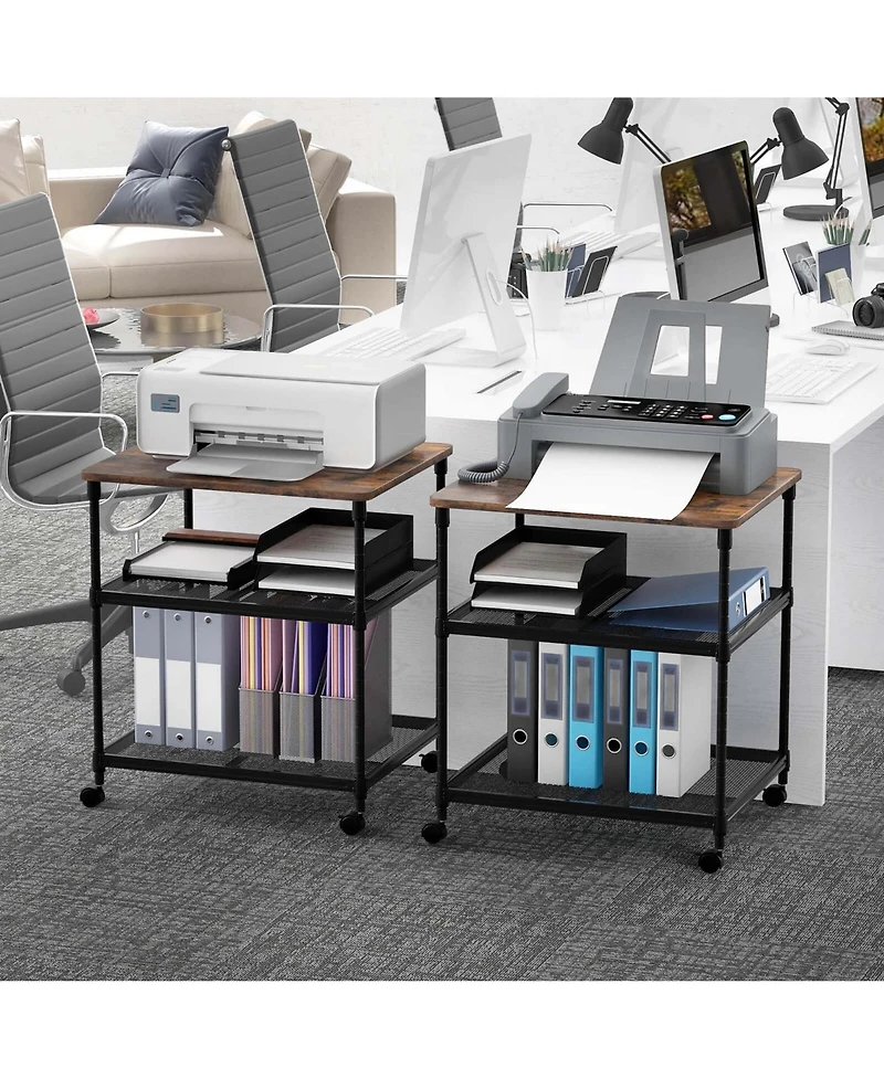 3-Tier Printer Stand Rolling Fax Cart with Adjustable Shelf & Swivel Wheel
