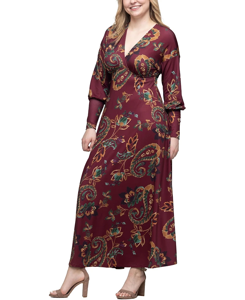 24seven Comfort Apparel Women's Wine Paisley Print Sleeve A Line Maxi Dress