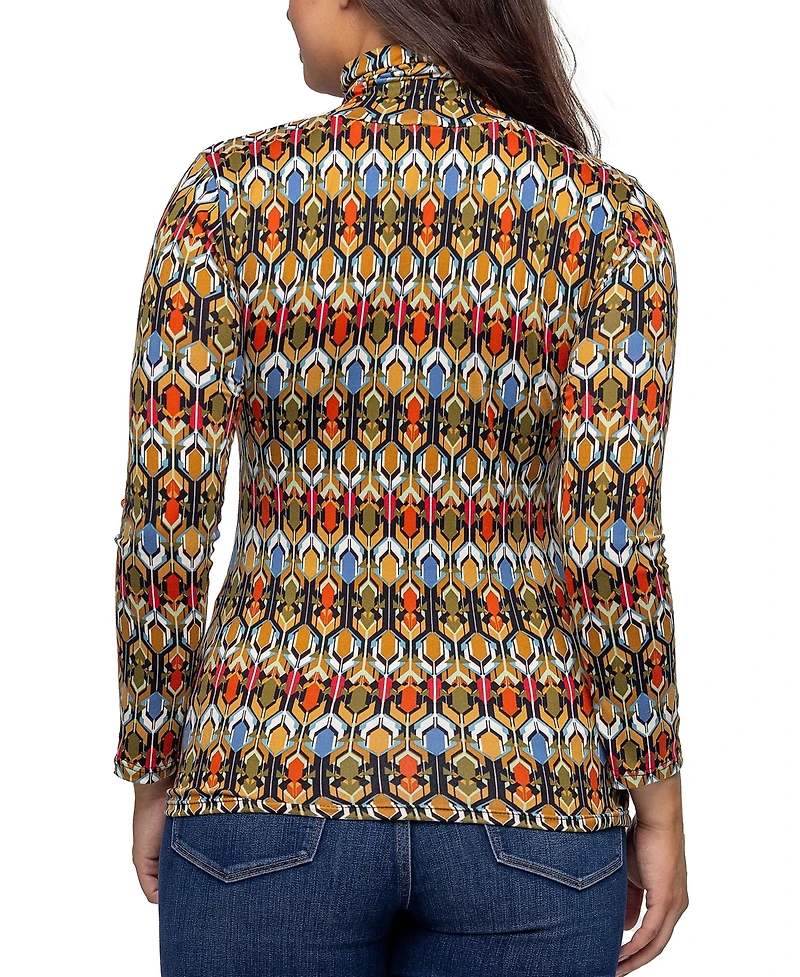24seven Comfort Apparel Women's Multicolor Geo Pring Long Sleeve Turtleneck Top