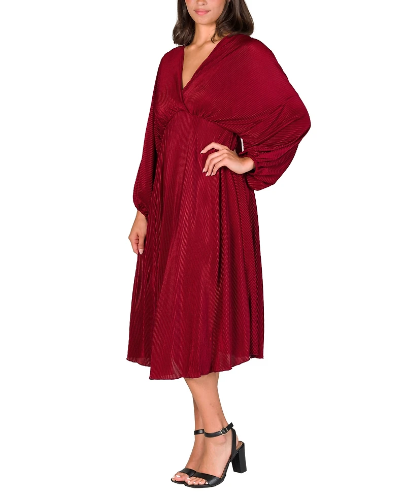 24seven Comfort Apparel Women's Pleated V Neck Empire Waist Midi Dress