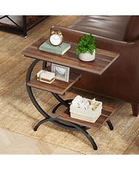Tribesigns C-Shaped End Table, Industrial 3-Tier Small Side Table for Couch, Wood Bedside Table Snack Side Table with Storage Shelves for Living Room