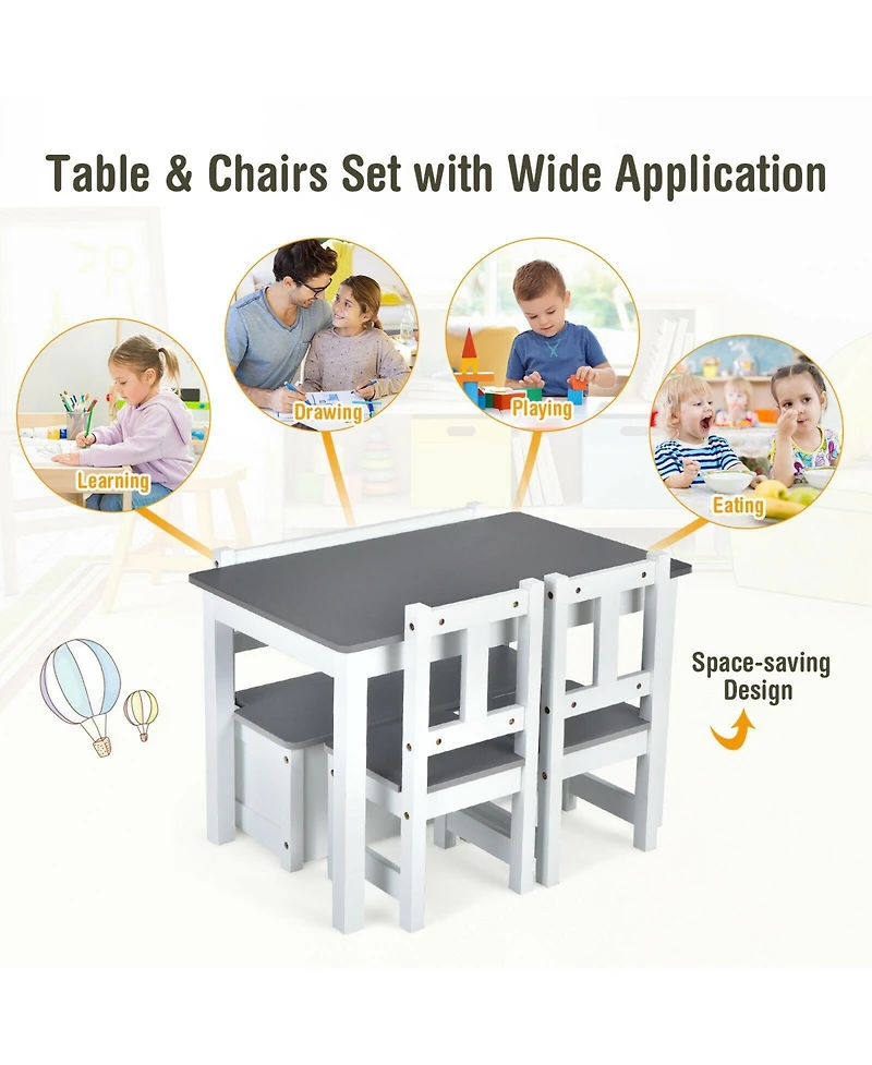 Slickblue 4 Pieces Kids Wooden Activity Table and Chairs Set with Storage Bench and Study Desk