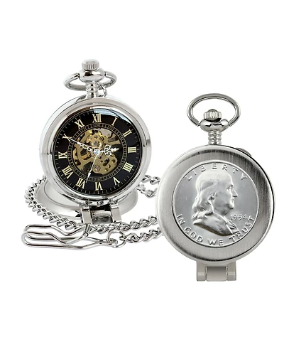 American Coin Treasures 16270 Silver Franklin Half Dollar Coin Pocket Watch with Skeleton Movement, Black Dial with Gold Roman Numerals
