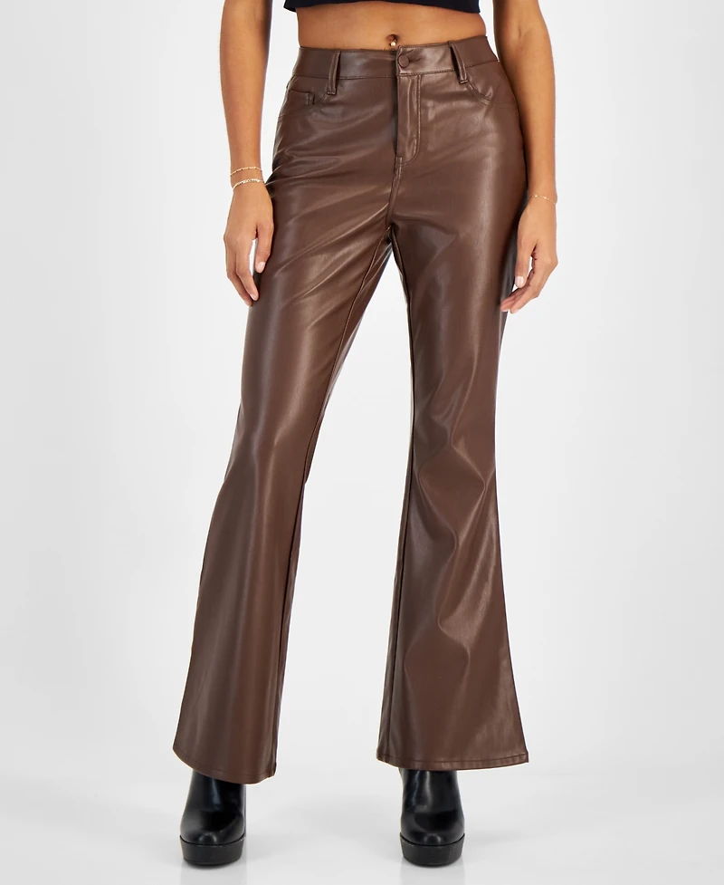 Dollhouse Juniors' Faux-Leather Five-Pocket Flare Pants