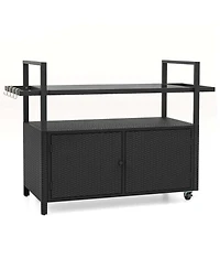 Outdoor Bar Cart with Tempered Glass Top Storage Cabinet & 8 Hooks for Porch