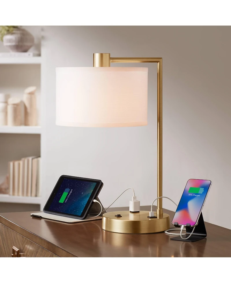 Colby Modern Accent Table Lamp 21" High with Usb and Ac Power Outlet in Base Brass White Linen Drum Shade for Bedroom Living Room House Home Desk Beds