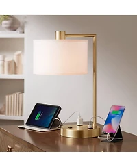 Colby Modern Accent Table Lamp 21" High with Usb and Ac Power Outlet in Base Brass White Linen Drum Shade for Bedroom Living Room House Home Desk Beds