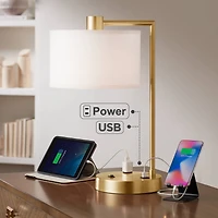 Colby Modern Accent Table Lamp 21" High with Usb and Ac Power Outlet in Base Brass White Linen Drum Shade for Bedroom Living Room House Home Desk Beds