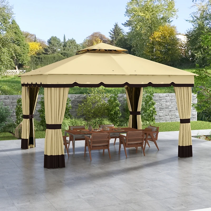 Outsunny 10' x 12' Double Roof Outdoor Gazebo with Netting & Curtains