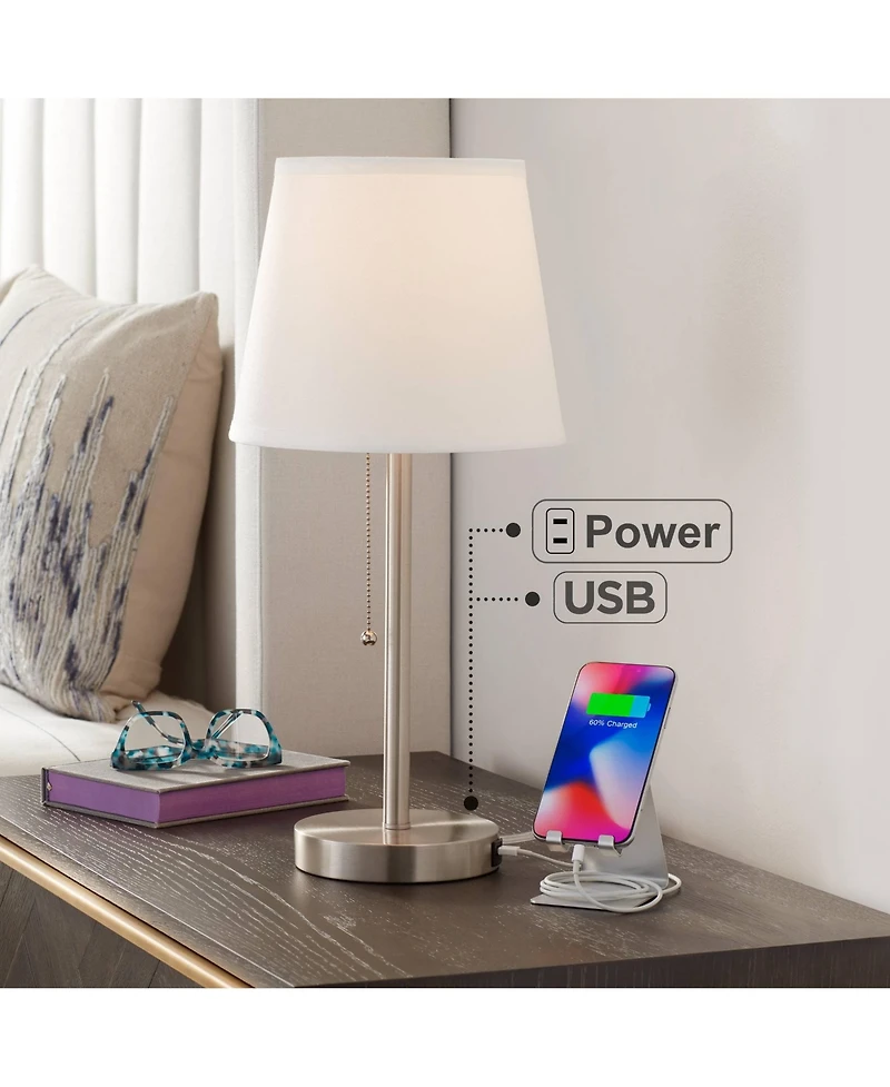 360 Lighting Modern Accent Table Lamp with Hotel Style Usb and Ac Power Outlet in Base 20" High Brushed Steel White Empire Shade for Living Room