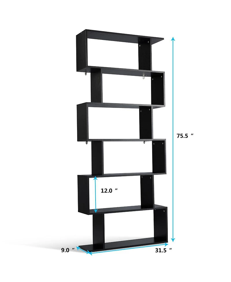 Gymax 6 Tier S-Shaped Bookcase Z-Shelf Style Storage Display Modern Bookshelf Black