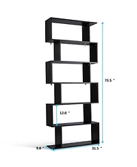 Gymax 6 Tier S-Shaped Bookcase Z-Shelf Style Storage Display Modern Bookshelf Black