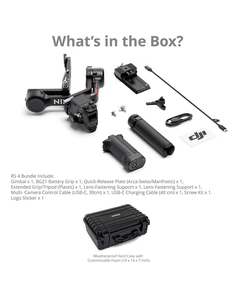 Dji Rs 4 with Weatherproof Hard Case with Customizable Foam (18 x 14 x 7 Inch) bundle