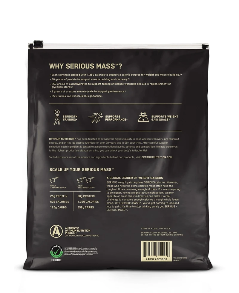 Optimum Nutrition, Serious Mass, 50g Protein Powder, Chocolate, 12 lb, 16 Servings